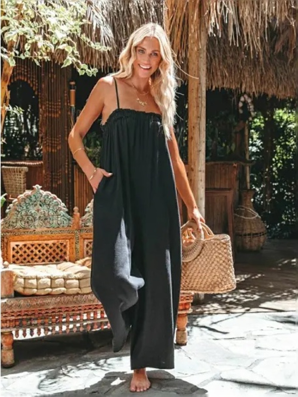 Black Spaghetti-Strap Wide-Leg Jumpsuit